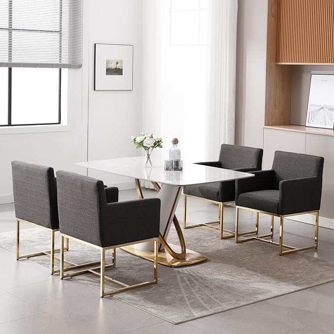 Upholstered Dining Chairs with Armrest Set of 6 Mid Century Modern Accent Chairs Armchairs with Gold Metal Frame, Modern Kitchen & Dining Room Chairs, Charcoal