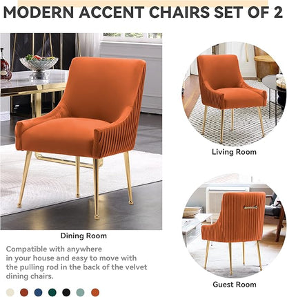 Dining Chairs, Accent Chairs Set of 2, Modern Upholstered Kitchen Dining Room Chairs with Gold Legs, Fabric Tufted Velvet Living Room Chairs for Reception Room Bedroom Guest Room (Orange)