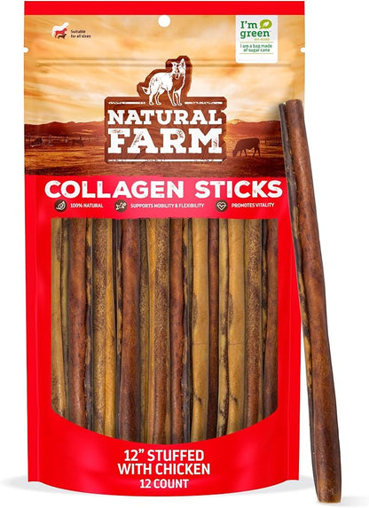 Natural Farm Chicken Stuffed Collagen Chews for Dogs (12 Inch, 12 Pack), Rawhide-Free Collagen Sticks, Odor-Free Natural Dog Chews, Long Lasting Treats for Small, Medium Dogs