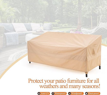 WJ-X3 3-Seater Patio Sofa Cover Waterproof, Heavy Duty Lawn Couch Cover UV Resistant, Porch Furniture Sets Cover Anti-Fading, High Wind Resistant, 93W x 42D x 42H Inches, Beige