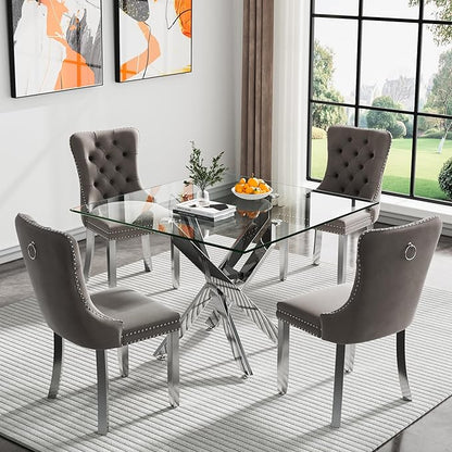 Henf 36'' Tempered Glass Dining Table for 2-4 People, Square Kitchen Table with Silver X-Base Metal Legs, Adjustable Feet, Glass Desk for Small Space, Clear Square Dining Room Table for 4