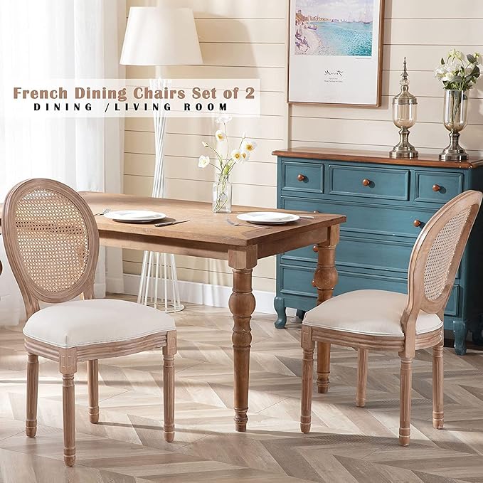 Nrizc Farmhouse Fabric Dining Room Chairs Set of 6, French Chairs with Round Back, Rattan Dining Chair, Oval Side Chair for Dining Room/Kitchen/Restaurant