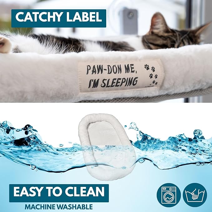 Cat Window Perch — Cat Window Bed with 4 Large Premium Suction Cups & Soft Solid Cushion; Strong Rustproof Metal Frame Window Hammock Holding Up to 40 lbs; Easy Assembly Perch for Indoor Cats