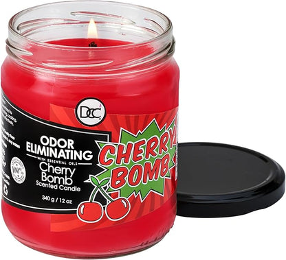 Cherry Bomb Odor Eliminating Highly Fragranced Candle - Eliminates 95% of Pet, Smoke, Food, and Other Smells Quickly - Up to 80 Hour Burn time - 12 Ounce Premium Soy Blend