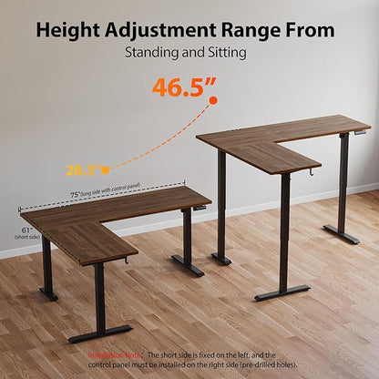 Agilestic L-Shaped Standing Desk Adjustable Height, Electric Corner Standing Desk, Sit Stand Up Desk, 75x61 inch Sit Stand Computer Table, Dark Walnut