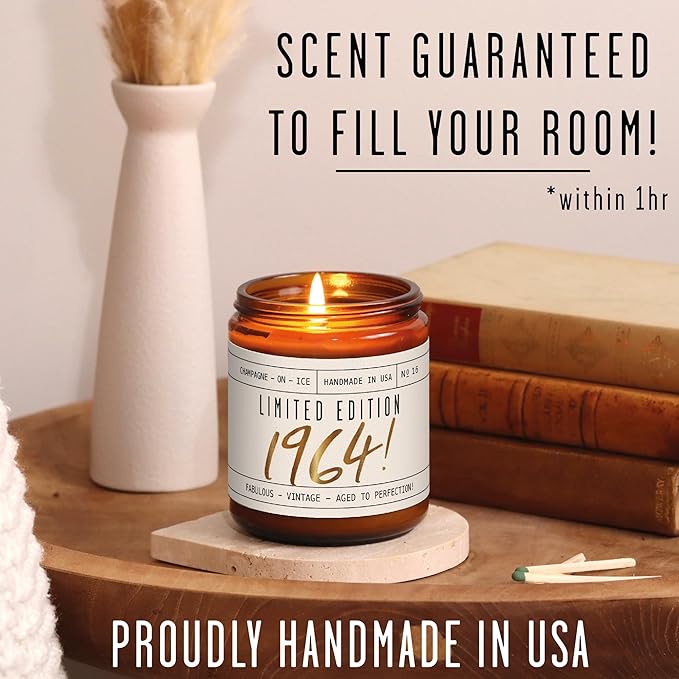 61st Birthday Gifts for Women - 'Limited Edition 1964' Soy Candle, w/Champagne on Ice I 61 Birthday Gifts for Women I 61st Gift for Her Ideas I 9oz Reusable Jar, 50Hr Burn, Made in USA