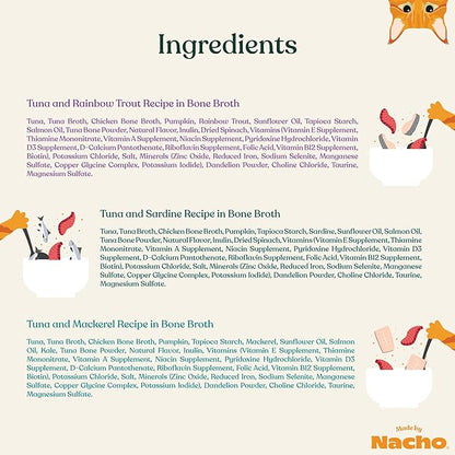 Made by Nacho Flaked Filets Recipe in Bone Broth, Grain-Free Chef's Selects Wet Food for Cats Balanced Diet in Naturally Hydrating Pumpkin-Infused Broth (3.0 oz (Pack of 12), Flaked Fish Variety Pack)