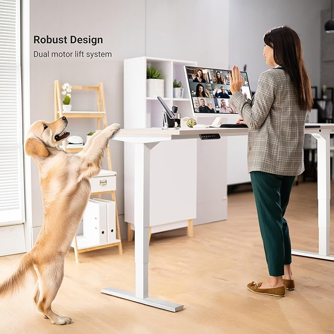 Progressive Desk Stand Up Adjustable Height Electric Standing Desk - 60"x30" Dual Motor, Computer Workstation Sit Stand Table for Home Office - Gray Oak, White Frame