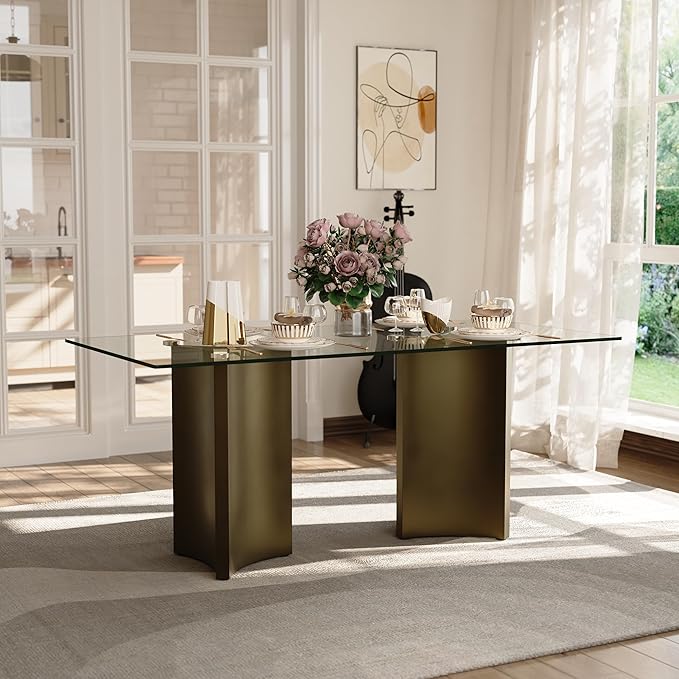 Asday 70 Inch Glass Dining Table with Bronze Base, Rectangular Dining Table for 6 People, Modern Brass Dining Room Table for Kitchen