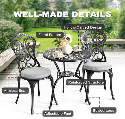NUU GARDEN Patio 3-Piece Bistro Set with Olefin Cushions, Patio Chairs and Outdoor Round Table with Umbrella Hole, Cast Aluminum Patio Set for Lawn, Garden, Porch, Poolside, Black