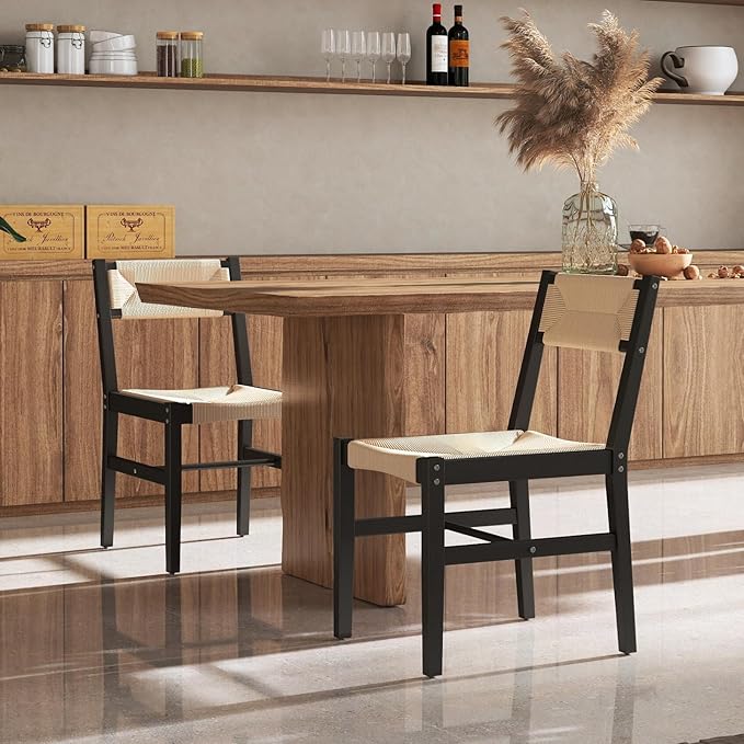 Modern Rattan Dining Chairs Set of 2, Boho Cane Farmhouse Chair, Black Wood Legs Dining Chairs with Open Back, Armless with Natural Weave 2.5 Inches Seat Kitchen Chairs for Living Room