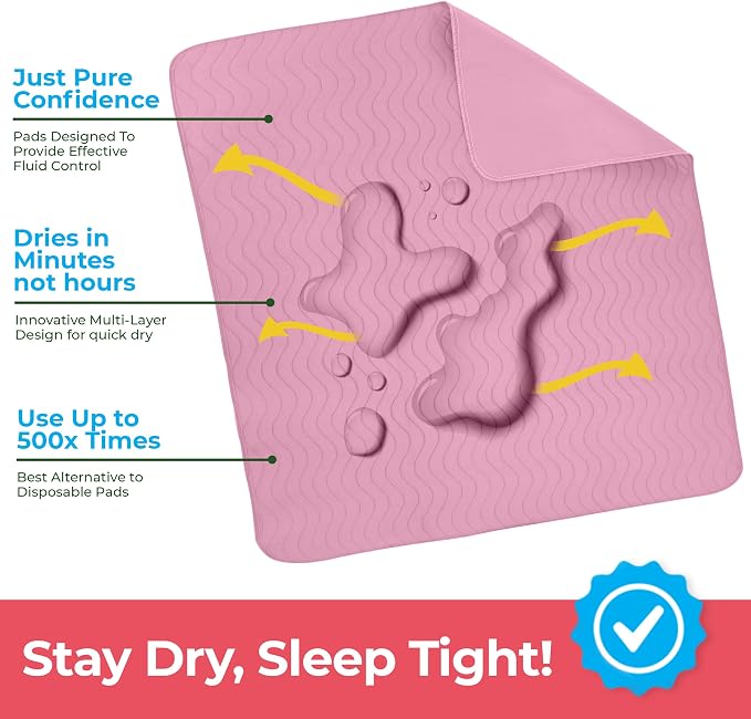 Utopia Bedding Washable Underpads 34" x 36" (Pack of 4), Waterproof Reusable Heavy Absorbency Incontinence Bed Pads for Adults, Kids, Elderly and Pets, Bedwetting Pads for Sofa and Couch (Pink)