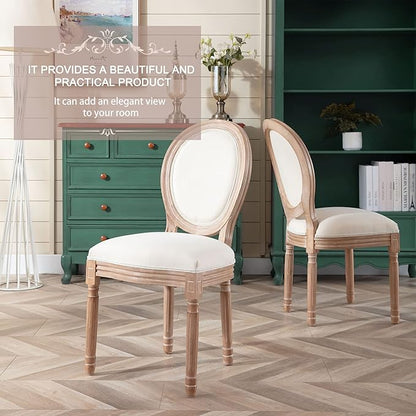 Nrizc French Dining Chairs Set of 2, French Country Dining Chairs, Vintage Farmhouse Dining Chairs with Round Back, Solid Wood Beige Fabric Dining Room Chairs, for Kitchen, Bedroom, Dining Room