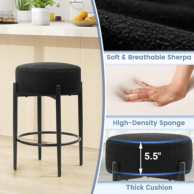 Counter Height Bar Stools, Set of 4, 24" Modern Backless Bar Stools, Ideal for Kitchen Counter, Kitchen Island, Boucle Sherpa Padded Cover, with Round Soft Seat and Foot Rest, Black