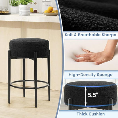 Counter Height Bar Stools, Set of 4, 24" Modern Backless Bar Stools, Ideal for Kitchen Counter, Kitchen Island, Boucle Sherpa Padded Cover, with Round Soft Seat and Foot Rest, Black