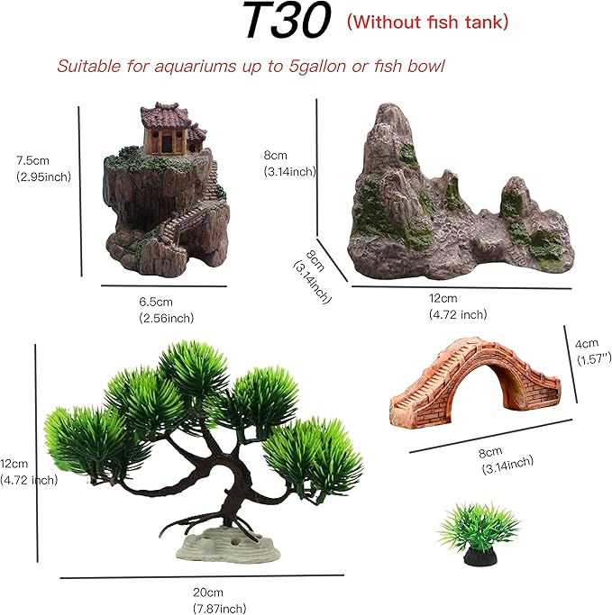 AWXZOM Small Japanese Fish Tank Decorations Set, Suitable for Aquariums up to 5 Gallon or Fish Bowl, Includes Small Decorations Artificial Plastic Plants Fish Tank House