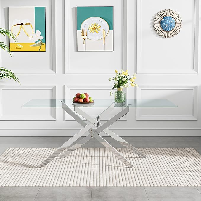 Goujxcy 7 Piece Glass Dining Table Set Modern Glass Dining Table Set for 6, 61" Rectangular Silver Kitchen Table and 6 Velvet Upholstered Chairs, Silver Table & Gray Chair