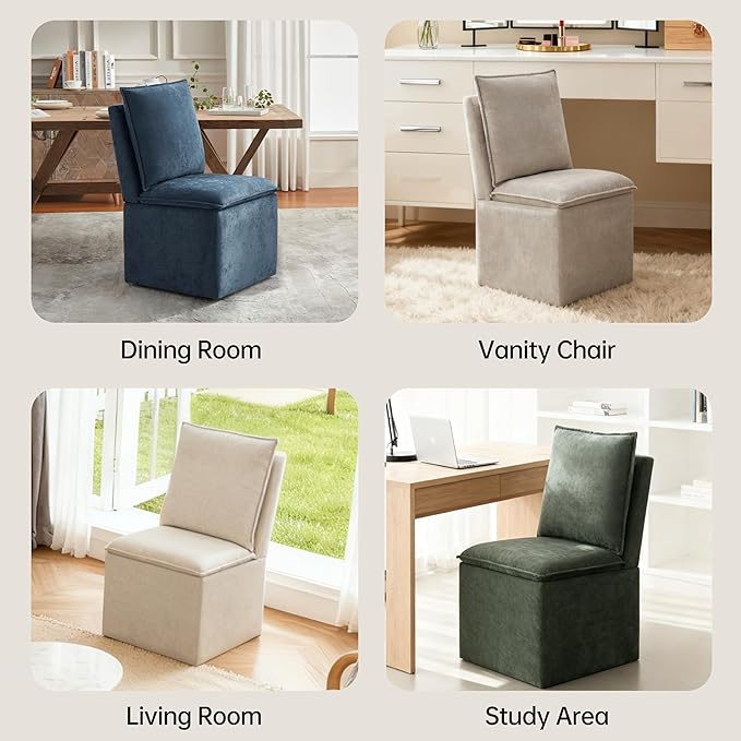 VKNOW Upholstered Dining Chairs Set of 2, Modern Rolling Chairs with Storage and Wheels, Linen Armless Chair with Cushion and Backrest, Dining Room Chairs for Living Room Kitchen Bedroom, Light Grey