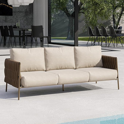 East Oak Life Chatter Outdoor Patio Furniture | Outdoor Sofa 3 Seats with Waterproof Thick Cushions | Deep Seating Modern Patio Sofa for Garden, Porch, Balcony & Backyard | Chestnut & Apricot
