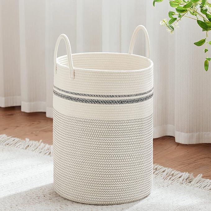 VIPOSCO Large Laundry Hamper, Tall Woven Rope Storage Basket for Blanket, Toys, Dirty Clothes in Living Room, Bathroom, Bedroom - 58L Stripe White