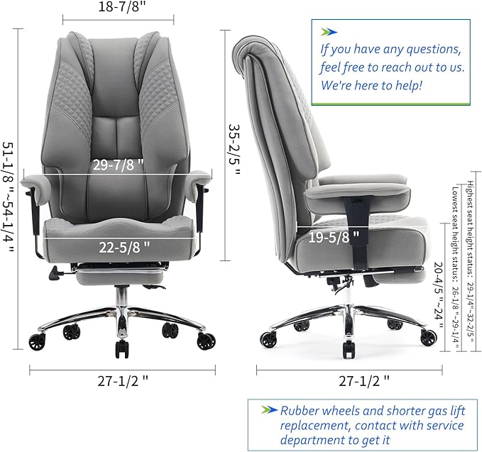 Big and Tall Office Chair with Footrest, PU Leather High Back Executive Office Chair 400lbs, Ergonomic Computer Chairs Lumbar Support for Heavy People (Mesh Grey)