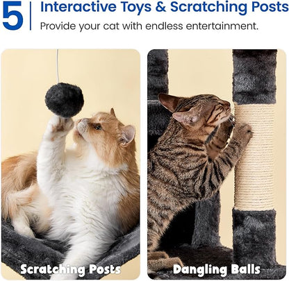 MWPO Extra Large Cat Tree, 77.6-Inch Tall Cat Tower for Indoor Cats with 2 Condos, Multi-Level Cat Stand for Large Cats, 3 Hammocks, Wide Perch, Scratching Posts, Dangling Toys, Smoky Grey