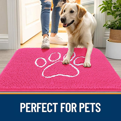 OLANLY Dog Door Mat for Muddy Paws 30x20, Paw Print Design, Absorbs Moisture and Dirt, Absorbent Non-Slip Washable Doormat, Quick Dry Chenille Mud Mat for Dogs, Entry Indoor Entryway Carpet, Hot Pink