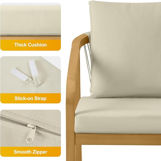Wisteria Lane Acacia Patio Dining Chairs Set of 2, Outdoor Wood Chairs with Thick Cushions, Modern Patio Seating with Woven Rope Backrest for Porch, Backyard, Garden, Indoor Use, Beige