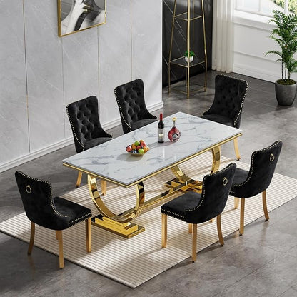 7 Piece Marble Dining Table Set for 6, Luxury White Marble Gold Kitchen Table with 6 Grey Velvet Upholstered Chairs, Modern 6 Person Dining Room Table Set for Kicken Dining Office Room