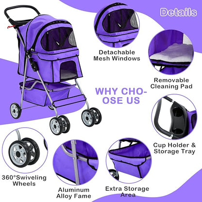 4 Wheels Dog Stroller, Foldable Pet Stroller for Small Medium Dogs, Portable Breathable Cat Stroller Dog Strollers with Storage Basket, Cup Holders, Removable Liner for Travel & Outdoor Use, Purple