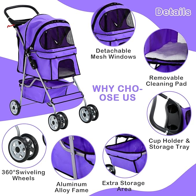 4 Wheels Pet Stroller Waterproof,Travel Stroller for Small Medium Dogs & Cats,Easy Fold with Removable Liner,Storage Basket,Purple