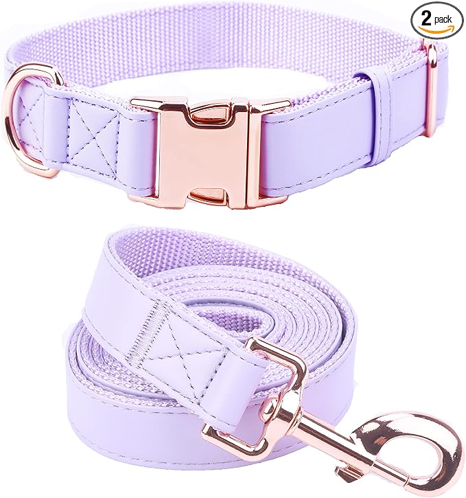 Dog Collar and Leash Set.Soft and Easy to Clean Vegan Leather with Rose Gold Metal Buckle for Small Medium Large Dogs (Light Purple, L(15.4”-24.8“)