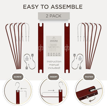 MORALVE Pants Hangers Space Saving - 2 Pack European Beechwood Scarf and Jean Hangers - Closet Organizer and Space Saver Pant Rack, Leggings Hanger, and Scarf Holder with 360° Swivel Hook