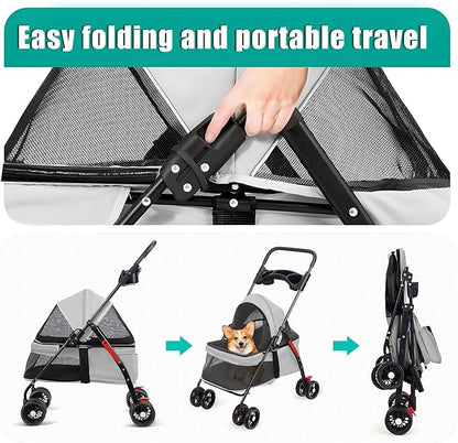 Pet Stroller 4 Wheels Dog Cat Stroller,Outdoor Trave Pet Folding Stroller,Foldable Dog Cat Cage Jogger Stroller with Cup Holder,Breathable and Visible Mesh for Medium Dogs Cats Grey
