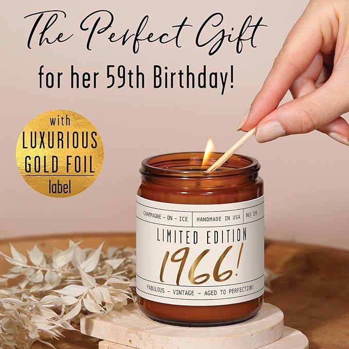 59th Birthday Gifts for Women - 'Limited Edition 1966' Soy Candle, w/Champagne on Ice I 59 Birthday Gifts for Women I 59th Gift for Her Ideas I 9oz Reusable Jar, 50Hr Burn, Made in USA