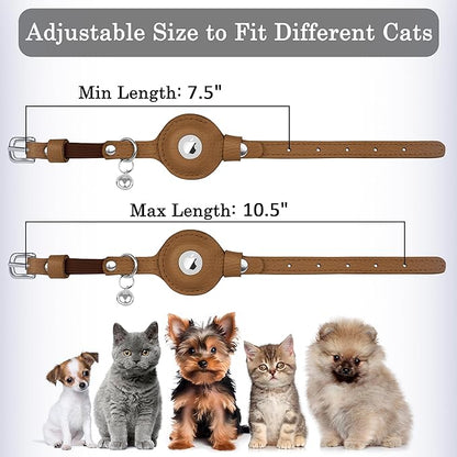OOPSDOGGY Cat Collar for AirTag Holder, Leather Kitten Collars with Elastic Strap & Bell, Non Breakaway Adjustable Small Pet Collars for Indoor & Outdoor for Boy, Girl (Brown)