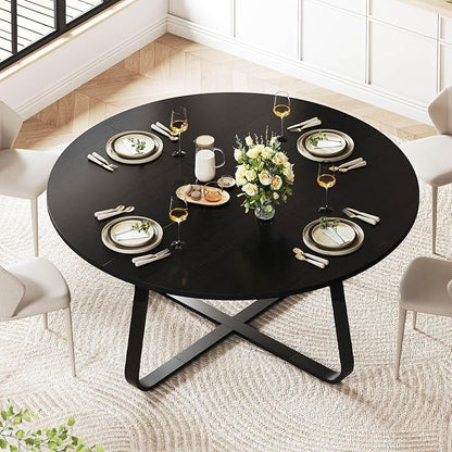 LVB Black Round Dining Table for 6 to 8, 60” Modern Wood Metal Kitchen Table, Industrial Large Dinner Room Table, Circle Dining Table for Home Gathering Living Room