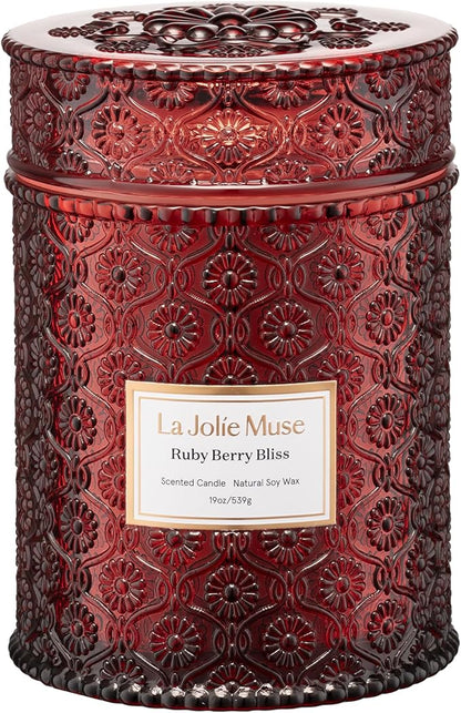 LA JOLIE MUSE Christmas Candle | Ruby Berry Bliss | Mandarin, Cranberry & Plum | 19 oz Soy Candle with Wooden Wick | 90-Hour Clean Burn | Holiday Winter Gift | Cozy Home Decor