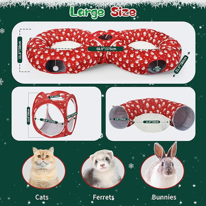 Pawaboo 2-in-1 Cat Tunnel Bed for Indoor Cats, 8-Shaped Large Cat Tunnels with Plush Cushions, Foldable Cats Cave Hideout Kitty Toys with Fluffy Balls, Donut Tunnel for Kitten Rabbit Ferret, Red