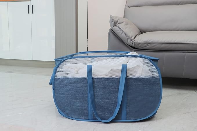 Pop Up Laundry Hamper，with Durable Handles collapsible laundry basket，Easy to Open and Fold for college Dorm,kids room，travel (Blue)…
