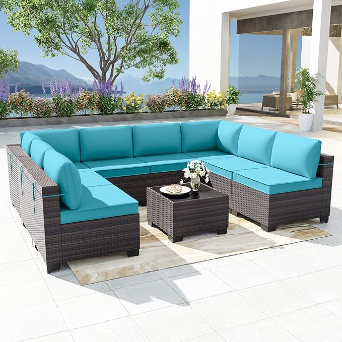 Kurapika 9 Pieces Patio Furniture Set, Rattan Wicker Outdoor Conversation Sets w/4 Inch Cushion and Glass Coffee Table(Blue)