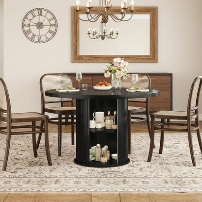 Farini 43" Round Dining Table for 4-6 with Storage Space,Modern Kitchen Room Table with Wood Top & Sturdy Metal Base,Black