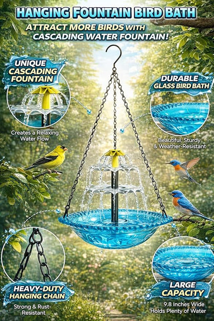 Solar Cascade Hanging Bird Bath Fountain, 2026 New Outdoor Hanging Bird Bath with Solar Fountain, Large Humming Birds Baths Fountains, with Solars Pump & Glass Bowl, for Outdoor, Gardens (#1)