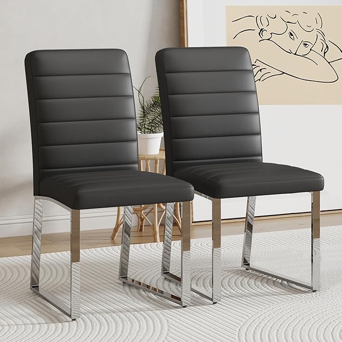Modern Dining Chairs Set of 4, White Faux Leather Kitchen Chairs, Upholstered Armless Dining Room Chair with Gold Mental Legs Heavy Duty, Comfortable (Black Chairs, Set of 2)
