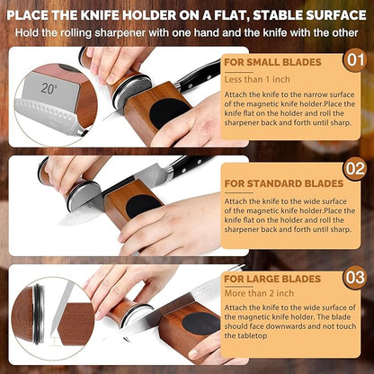 Rolling Knife Sharpener Kit, Knife Sharpener Tool with Replaceable Discs Diamond & Ceramic,15 & 20 Degree Multi-Purpose Magnetic Base, Suitable for Small, Medium, and Large Knives