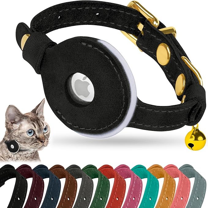 OOPSDOGGY Reflective Leather AirTag Cat Collar with Bell - Non Breakaway Adjustable Pet Collar with Apple Air Tag Holder - Lightweight GPS Kitten Collars for Small Dogs Puppy (Black)