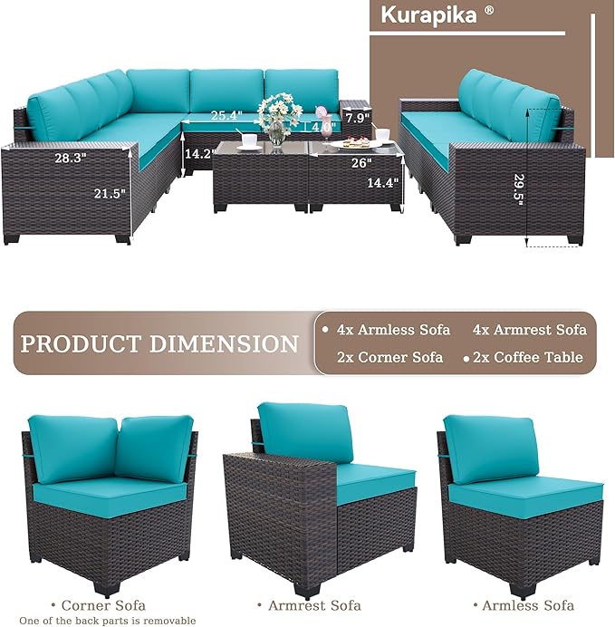Kurapika 12 Pieces Patio Furniture Set, Rattan Wicker Outdoor Conversation Sets w/4 Inch Cushion and Glass Coffee Table(Blue)