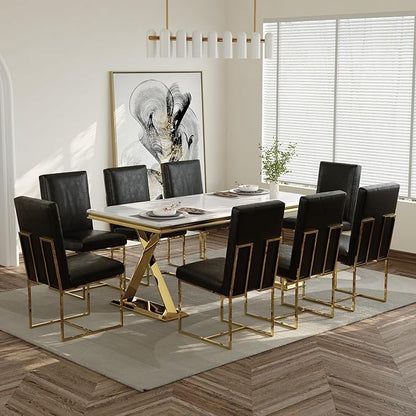 AUZ Black and Gold Faux Leather Dining Chairs Set of 6, Mid-Century Modern Luxury Upholstered Kitchen Room Chairs with Polished Stainless Steel Sled Legs