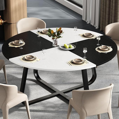 LVB Round Dining Table, Modern Wood Metal Kitchen Table, Industrial Small Dinner Room Table for 4 to 6 People, White and Black Oak, 42 Inch