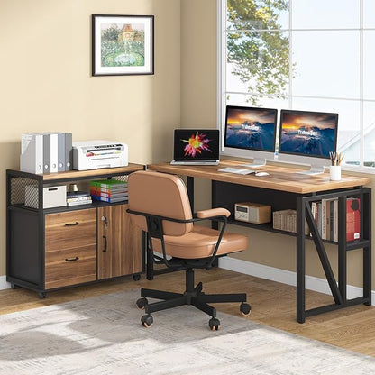 Tribesigns 55" Executive Desk with Reversible File Cabinet, Large L-Shaped Office Desk with Drawers, Business Furniture Workstation for Home Office (Dark Walnut, 55-inch)